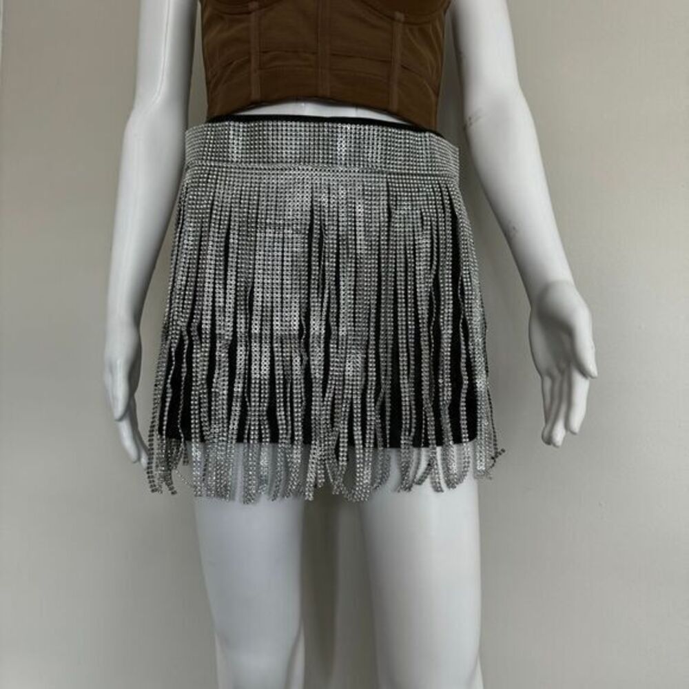 Micas Glamorous Silver Rhinestone Fringe Mini Belt‎ Skirt Party Clubwear Dance - Picture 8 of 10